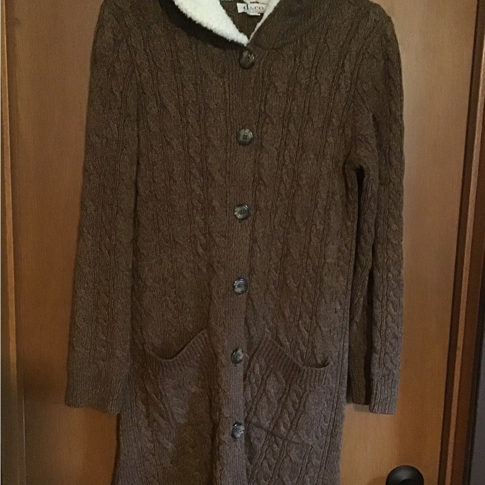 d & Co Cable Knit Long Brown Fleck Coatigan with Sherpa Collar - M